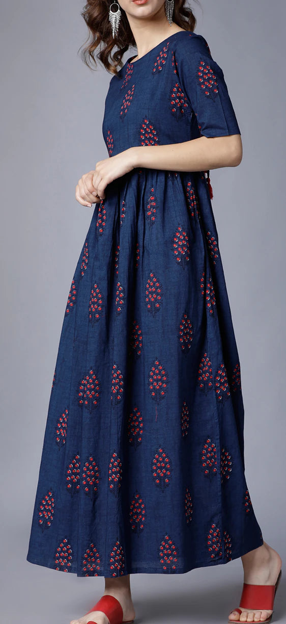 Navy Blue Ethnic Motifs Printed Cotton Maxi Dress