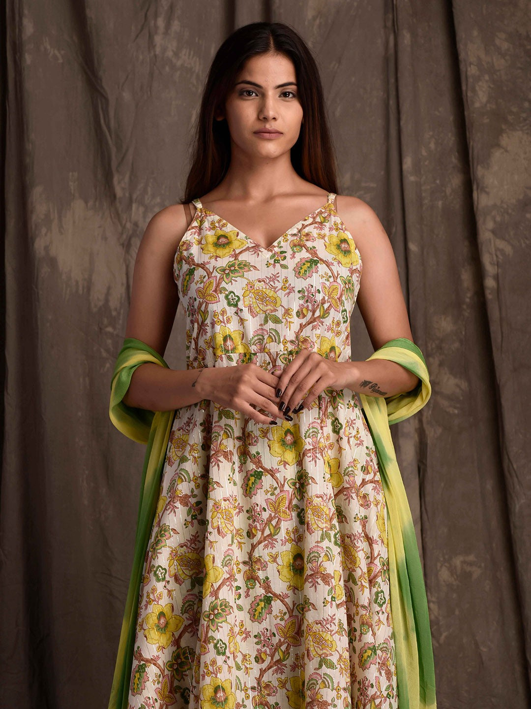 Yellow & Green Floral Printed Pure Cotton Anarkali Kurta With Palazzos & Dupatta