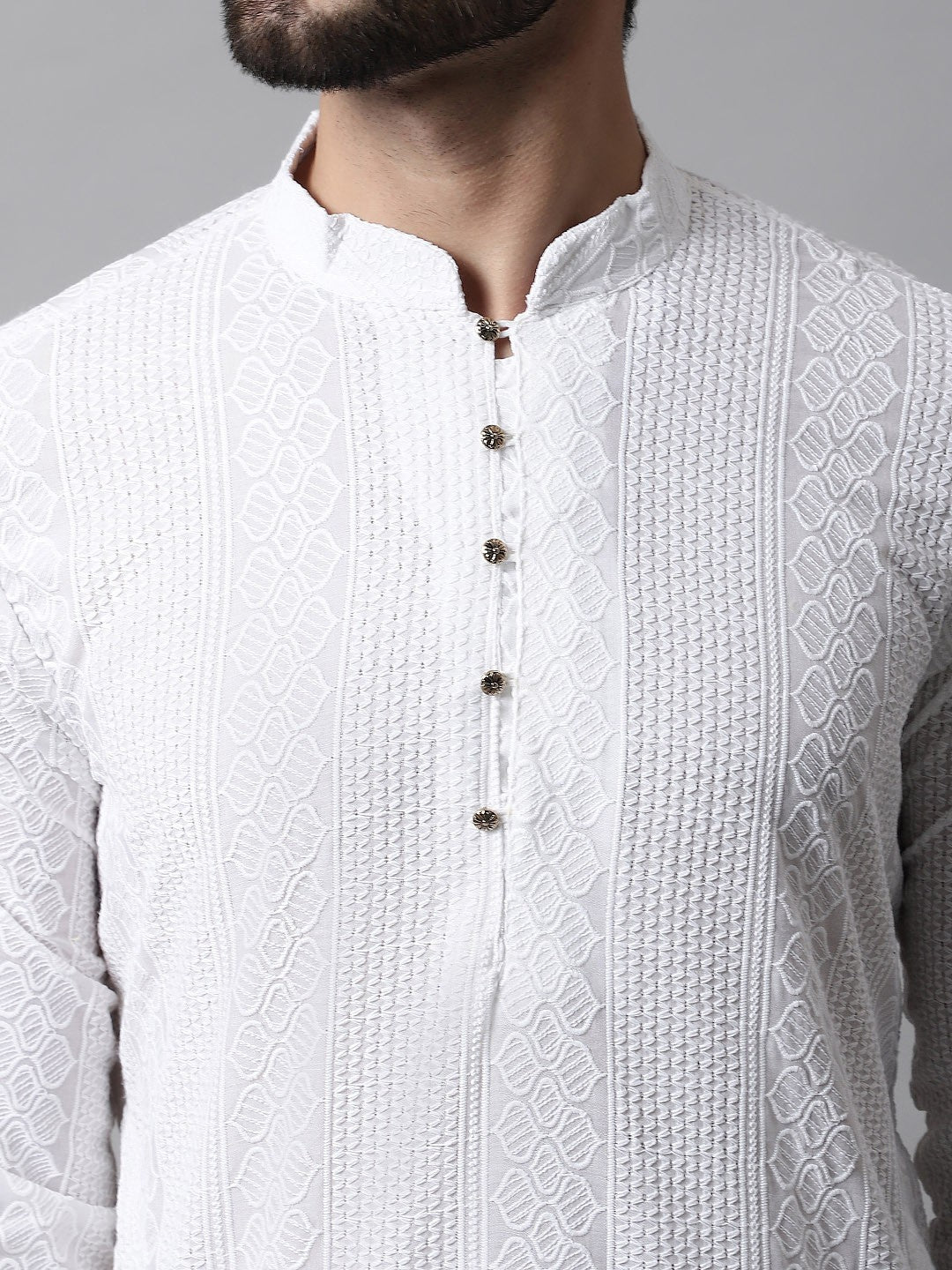Men White Chikankari Embroidered Pure Cotton Kurta
