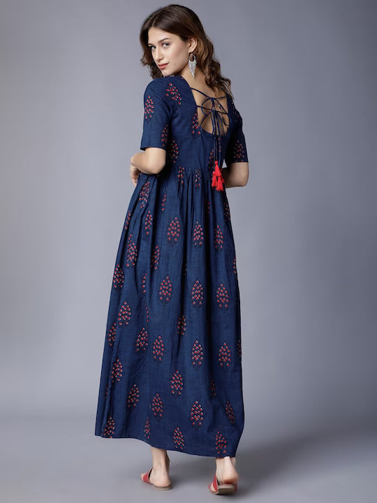 Navy Blue Ethnic Motifs Printed Cotton Maxi Dress
