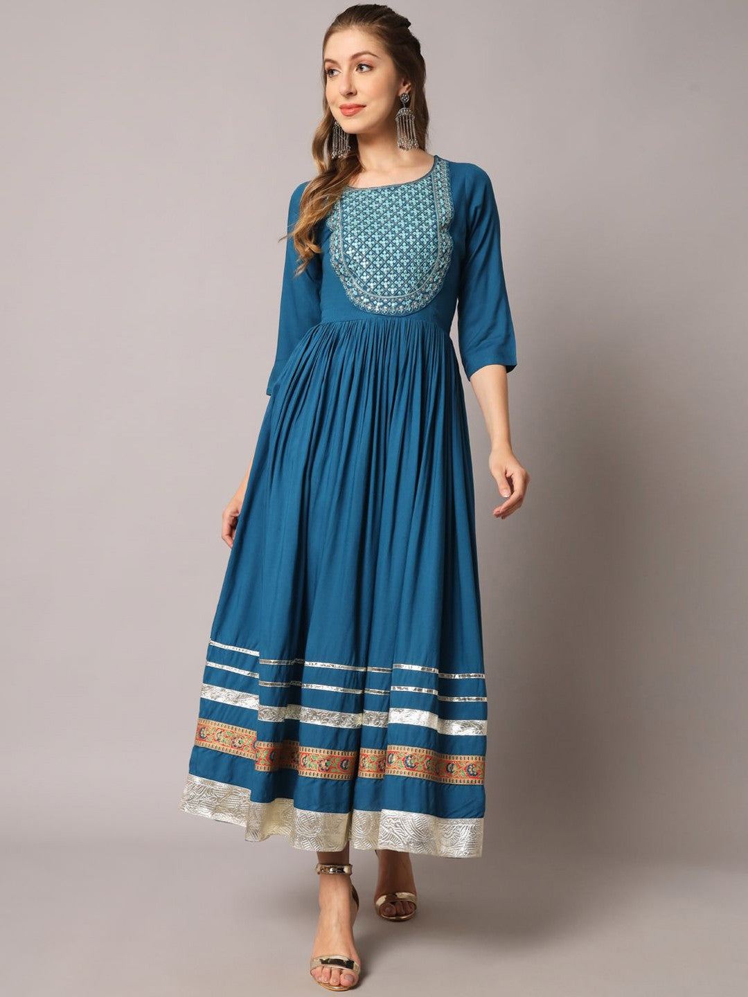 Floral Embroidered Gathered or Pleated Mirror Work Pleated Anarkali Ethnic Dress