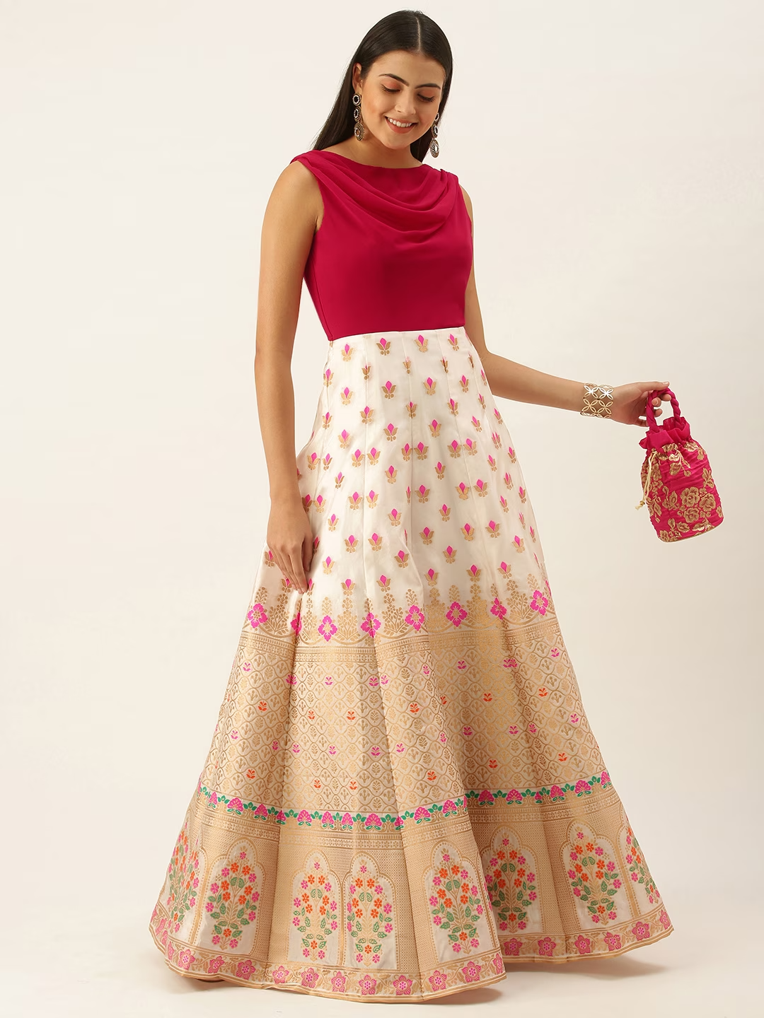 Women White Pink Made To Measure Ethnic Motifs A-Line Maxi Dress