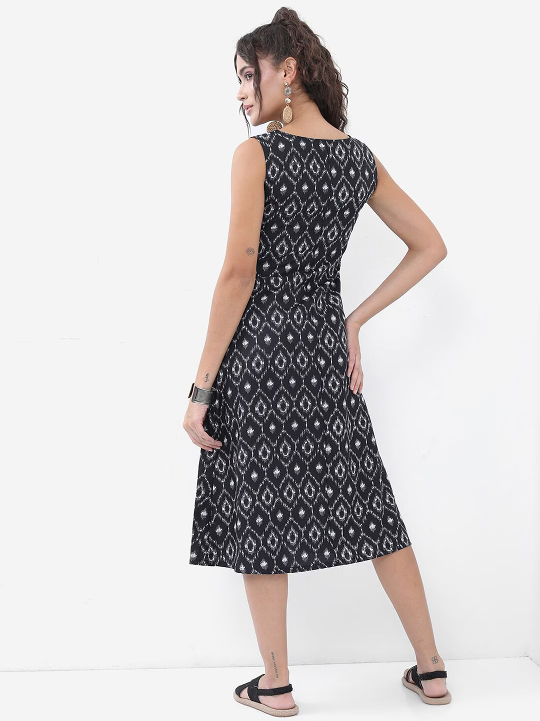 Black Ethnic Motif Printed A-Line Midi Dress