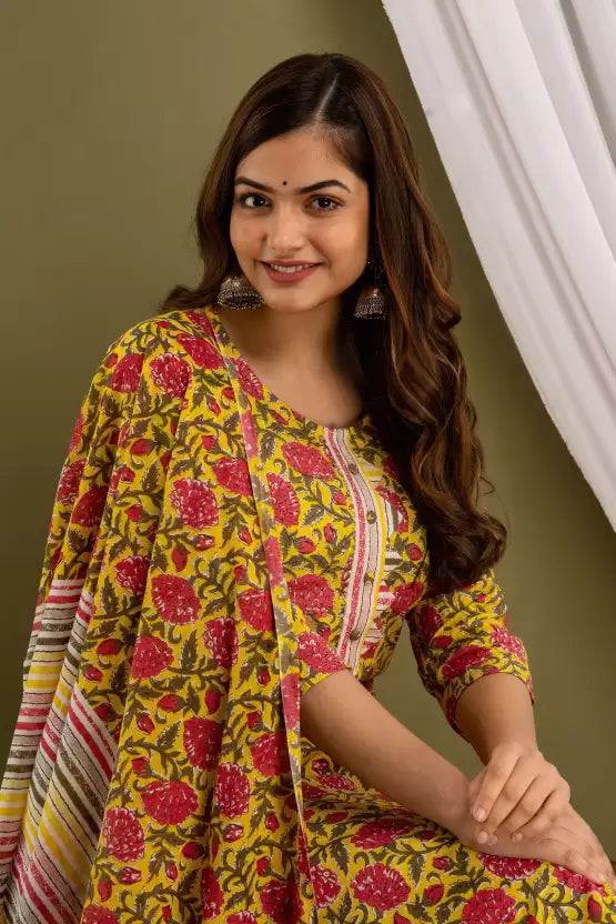 Women Pure Cotton Kurta Pant Dupatta Set (Multicolor)