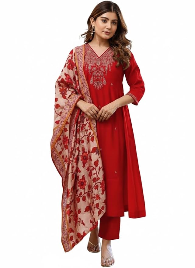 Women Silk Embroidered Kurta and Pant Set with Dupatta