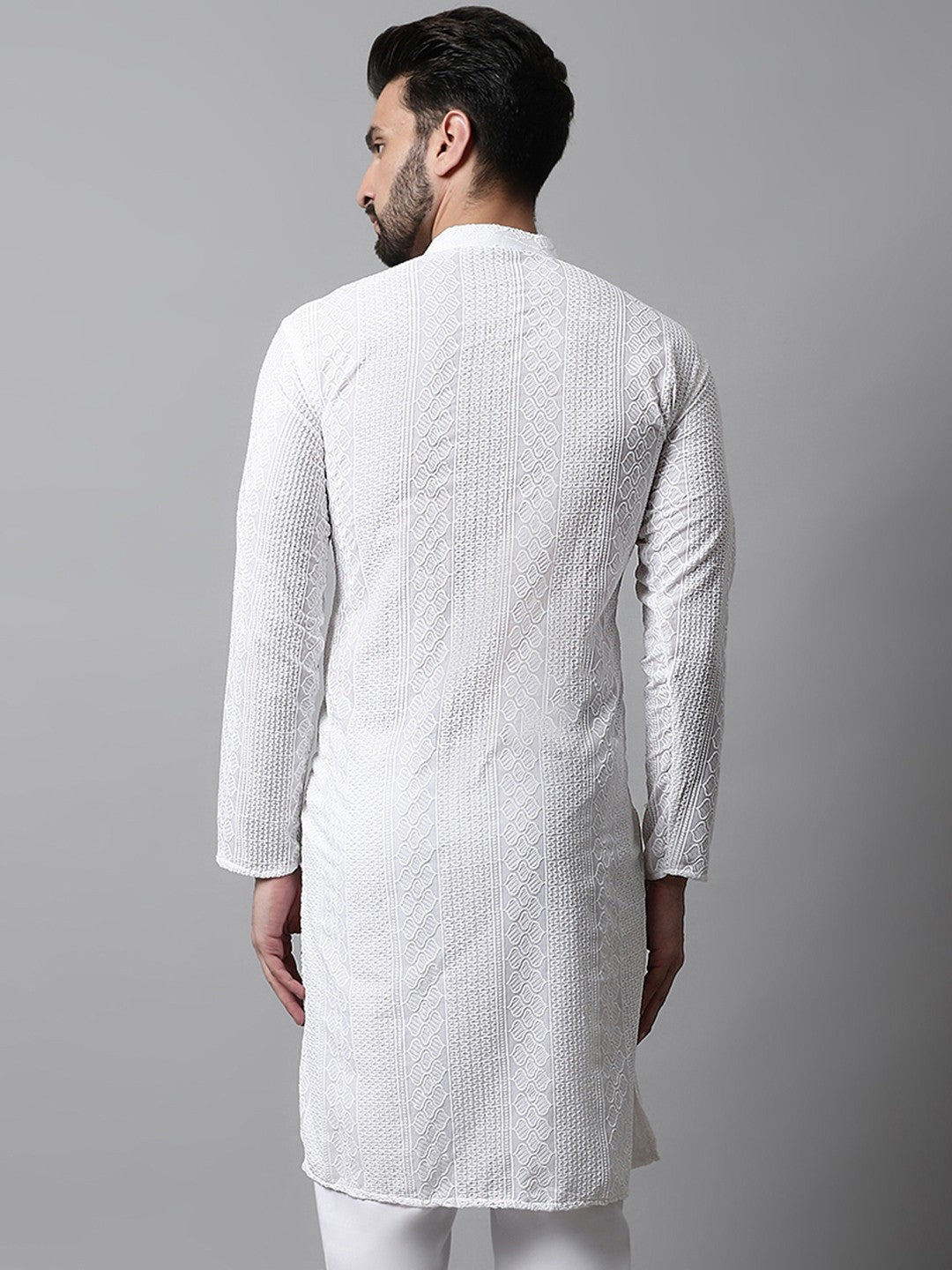 Men White Chikankari Embroidered Pure Cotton Kurta