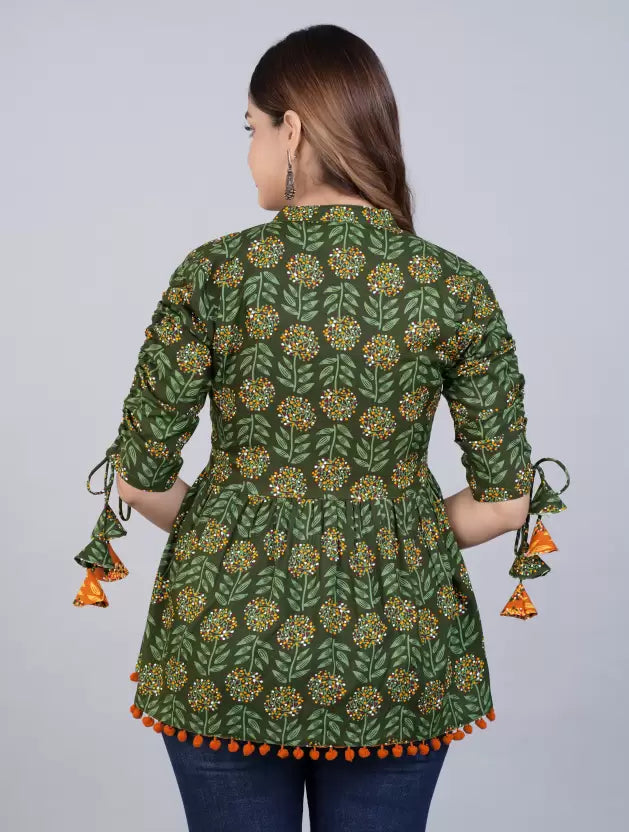 Casual Regular Sleeves Printed Women Dark Green Top