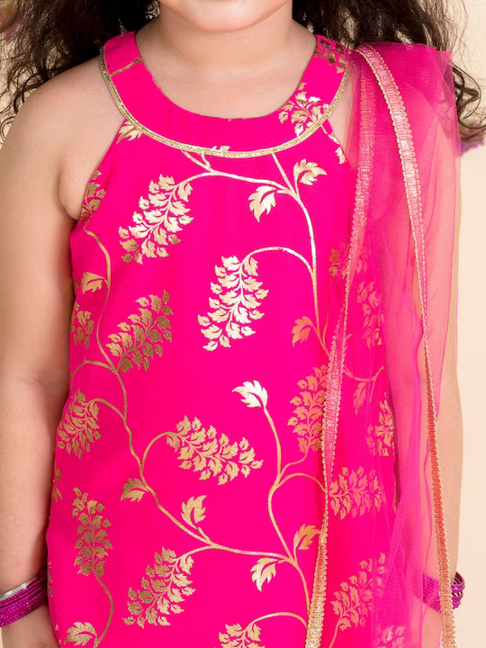Girls Magenta Floral Printed Kurta with Sharara & Dupatta
