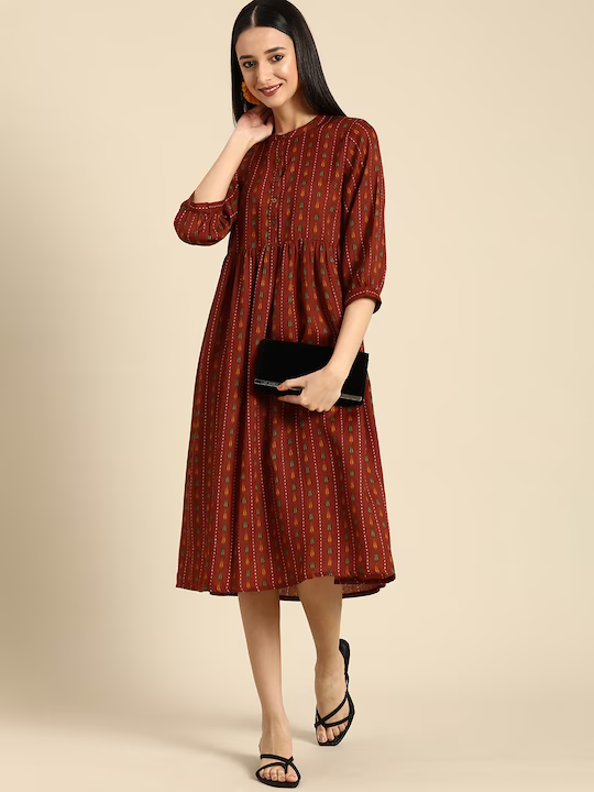 Women Red&Yellow Ethnic Motifs Ethnic A-Line Midi Dress