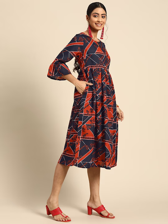 Women Navy Blue & Rust Orange Printed Bell Sleeves A-Line Ethnic Dress