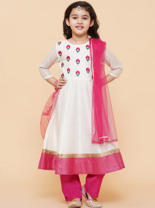 Girls White Floral Embroidered Anarkali Kurta with Trousers & With Dupatta