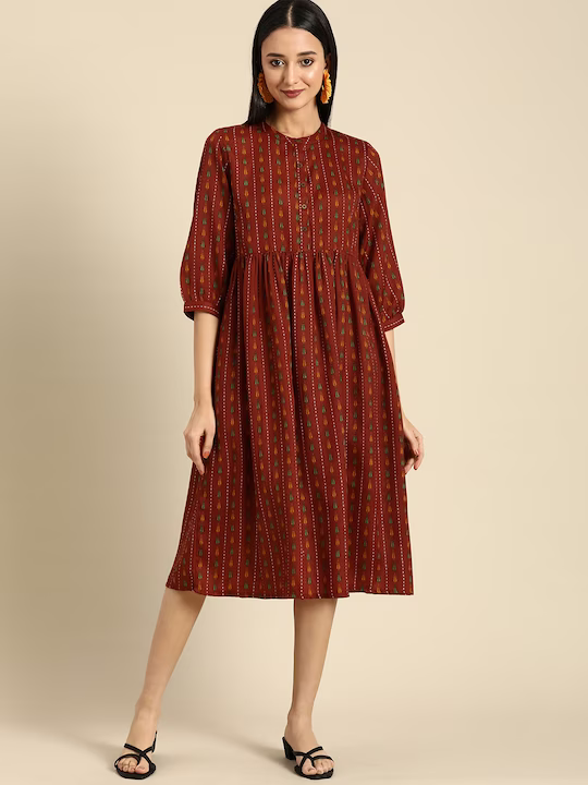 Women Red&Yellow Ethnic Motifs Ethnic A-Line Midi Dress