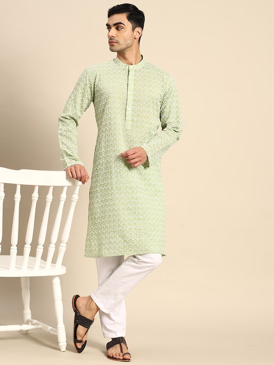 Men Embroidered Chikankari Kurta with Pyjamas
