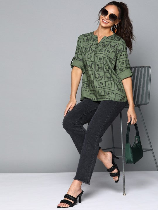 Women Olive Green & Black Print Mandarin Collar Roll-Up Sleeves Top