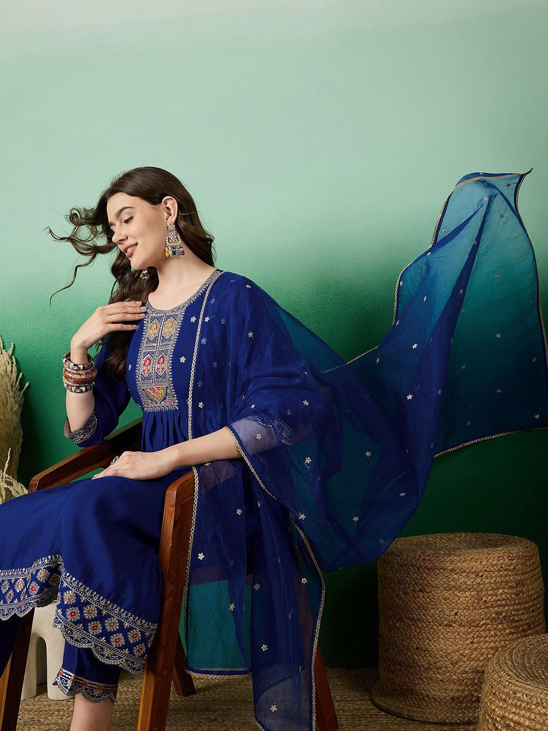 Floral Embroidered A Line Kurta With Pant & Dupatta