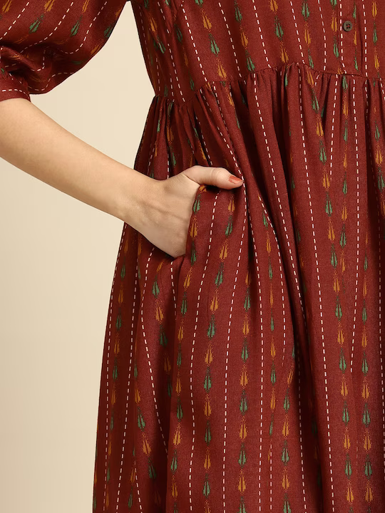 Women Red&Yellow Ethnic Motifs Ethnic A-Line Midi Dress