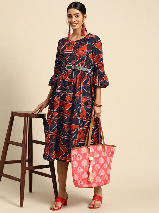 Women Navy Blue & Rust Orange Printed Bell Sleeves A-Line Ethnic Dress
