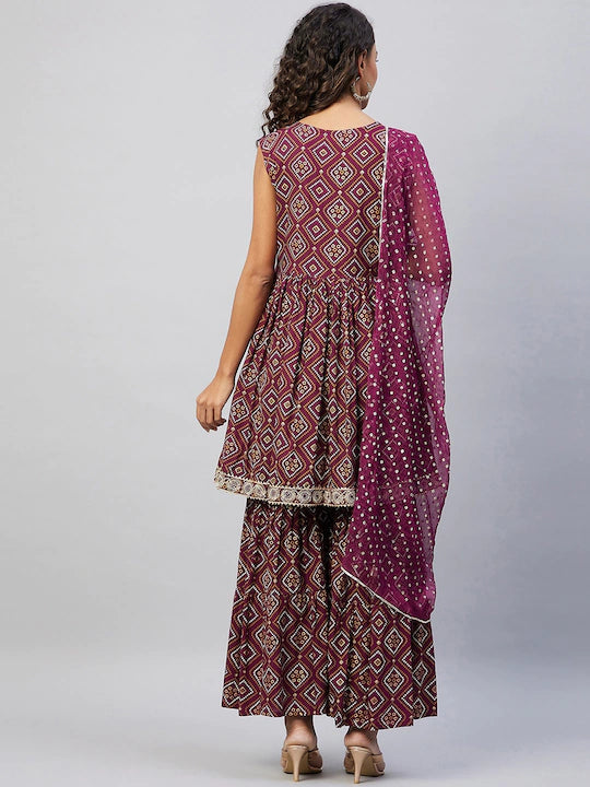 Women Purple Bandhani Embroidered Pleated Gotta Patti Kurta Set