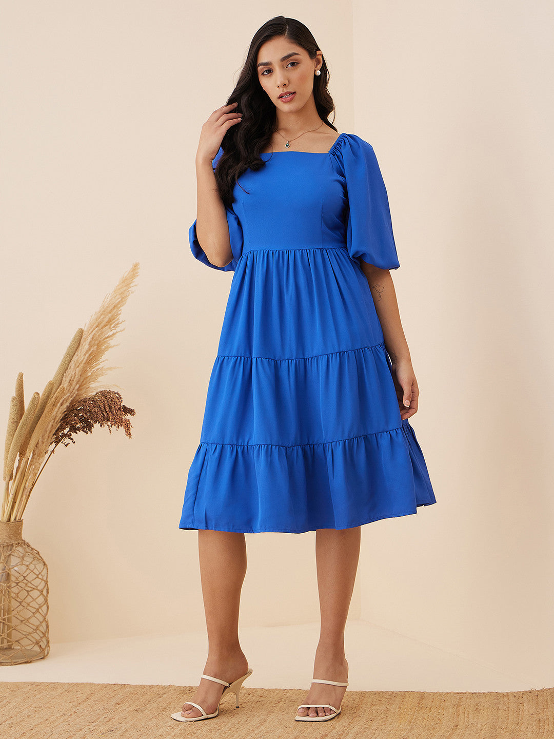 Women Fit and Flare Blue Below Knee Dress Amy's Cart Women Fit and Flare Blue Below Knee Dress Amy's Cart