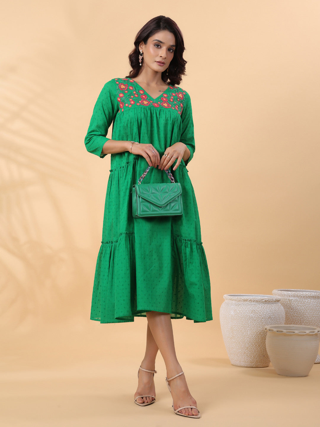 Women A-line Green Below Knee Dress – Amy's Cart