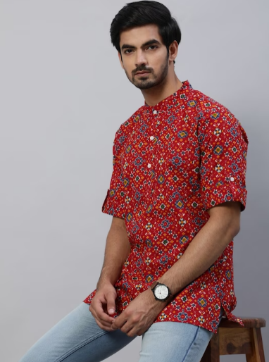 Geometric Printed Mandarin Collar Cotton Kurta