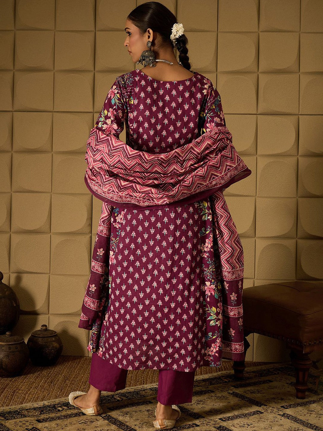 Women Floral Printed Angrakha Gotta Patti Pure Cotton Kurta with Trousers & With Dupatta