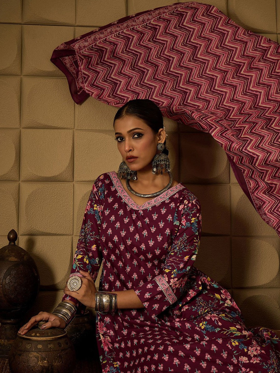 Women Floral Printed Angrakha Gotta Patti Pure Cotton Kurta with Trousers & With Dupatta