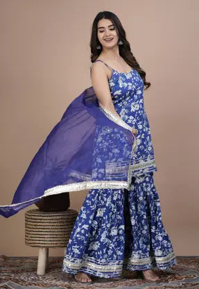 Women Cotton Rayon Kurta Sharara Dupatta Set