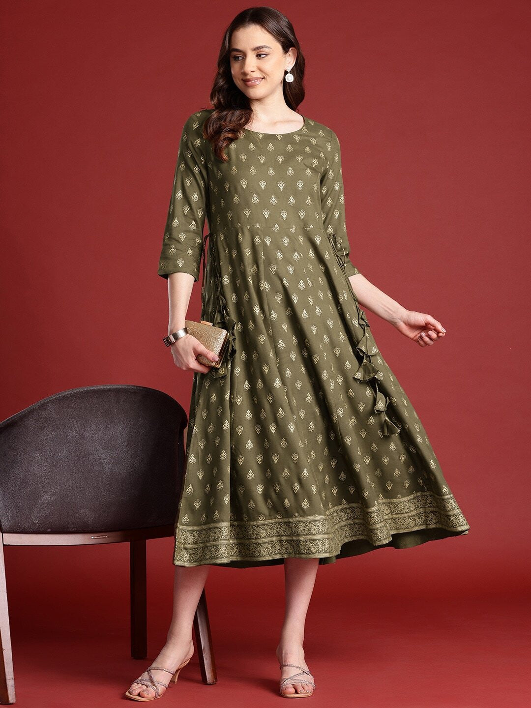 Women A-line Green Below Knee Dress Amy's Cart Women A-line Green Below Knee Dress Amy's Cart