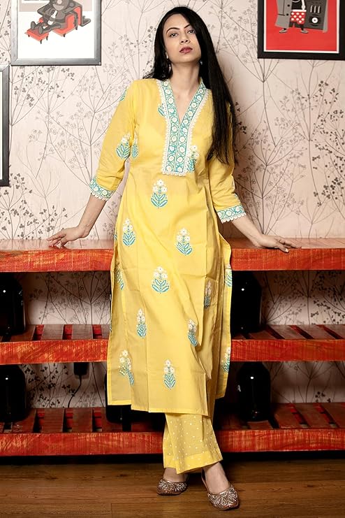 Women's Cotton Blend Straight Hand Block Printed Kurta with Pant & Dupatta