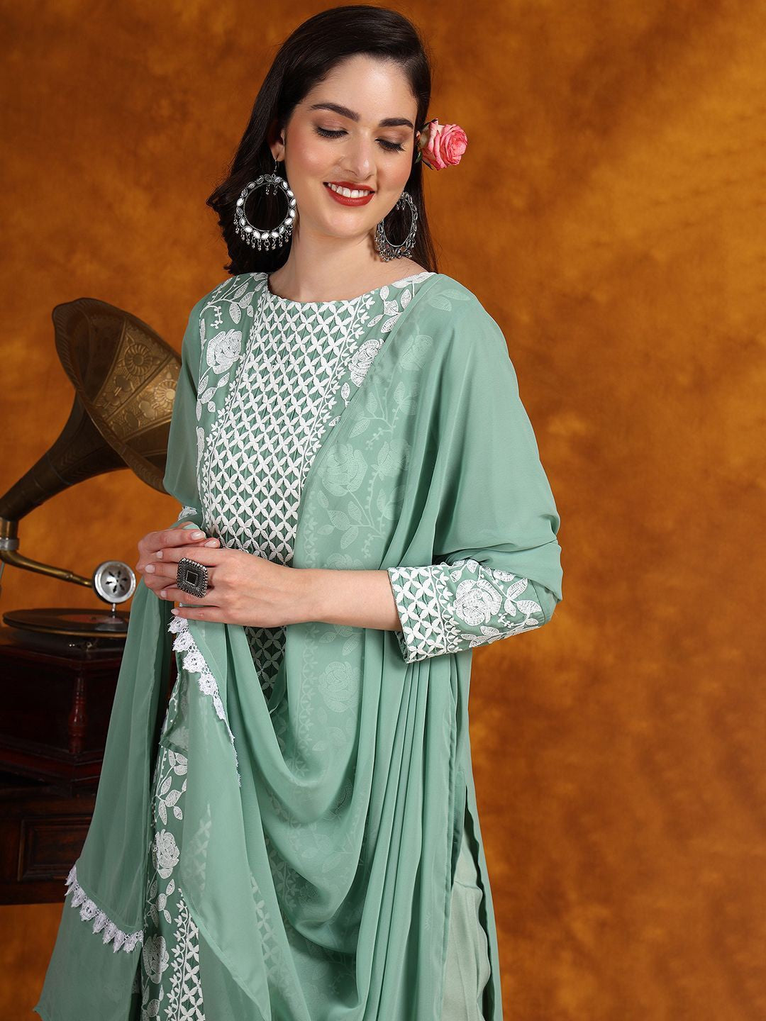 Women Ethnic Motifs Embroidered Regular Thread Work Kurta with Trousers & With Dupatta