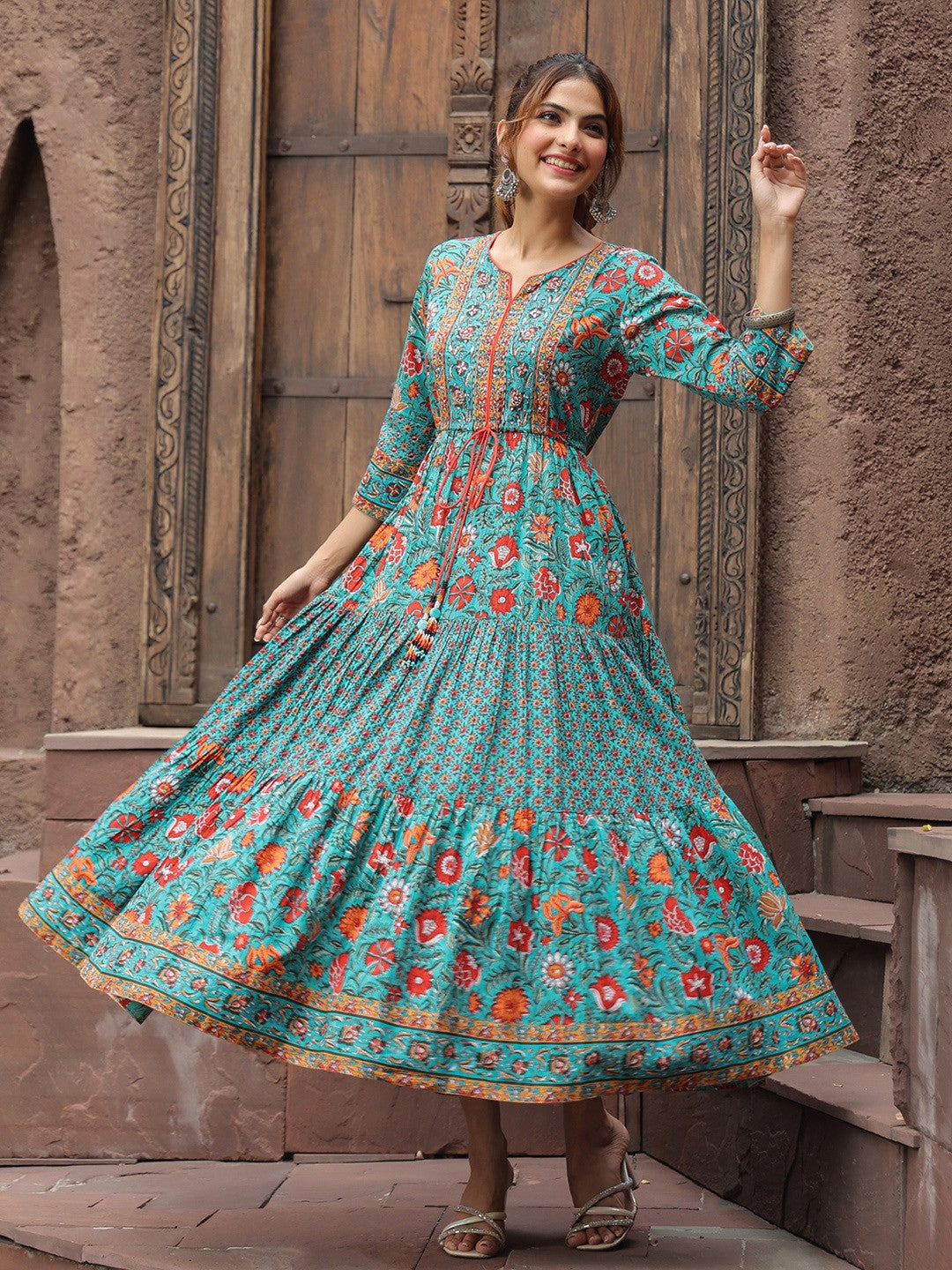 Women Green & Red Ethnic Pure Cotton A-Line Midi Dress