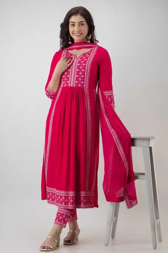 Women Stylish A-line Viscose Rayon Kurta, Pant And Dupatta Set