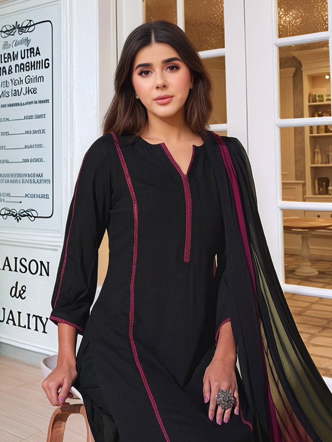 Women Solid Kurta with Palazzo & Dupatta