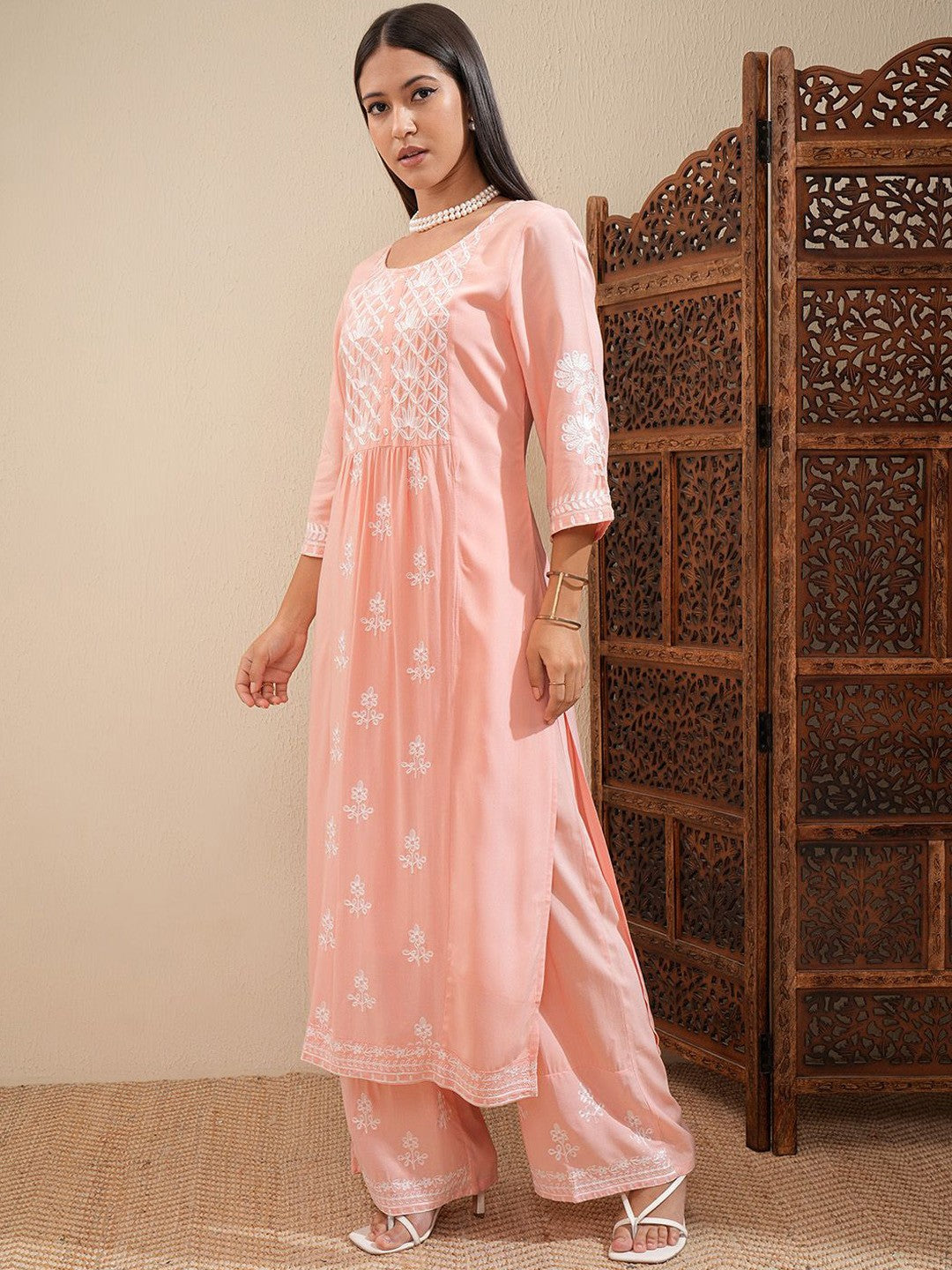 Peach-Coloured Floral Embroidered Thread Work Straight Kurta With Palazzos