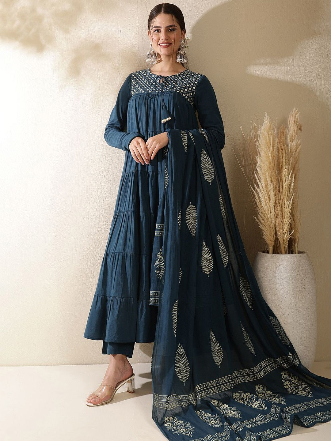 Women Floral Embroidered Cotton Anarkali Pleated Kurta with Trousers & Dupatta