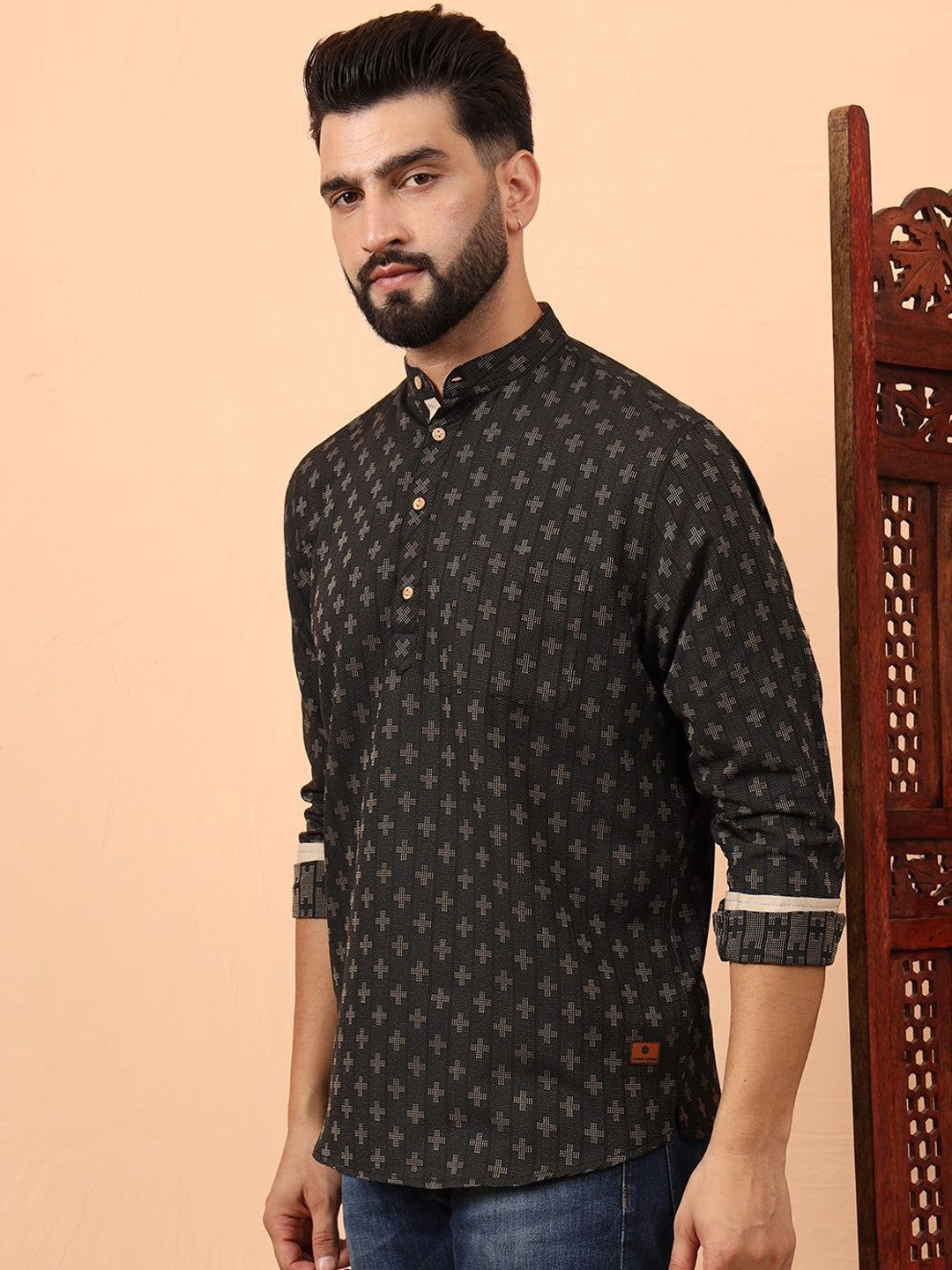 Ethnic Motifs Printed Mandarin Collar Cotton Short Kurta