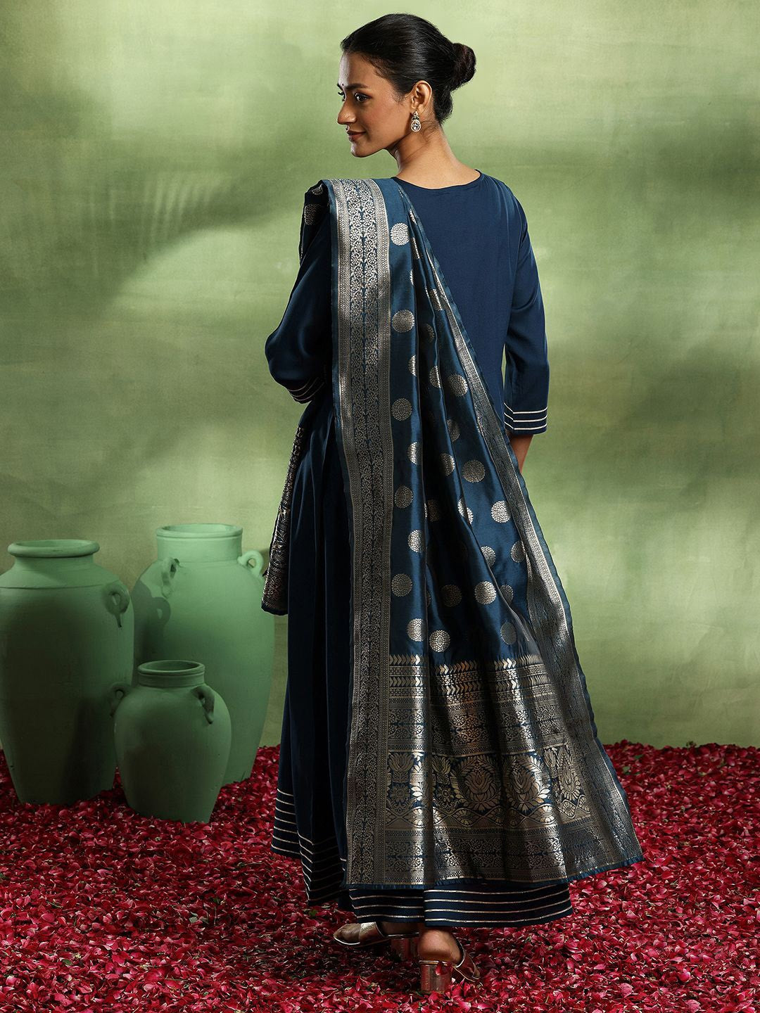 Womens Navy Blue Yoke Design Viscose Anarkali Kurta With Trousers & Dupatta