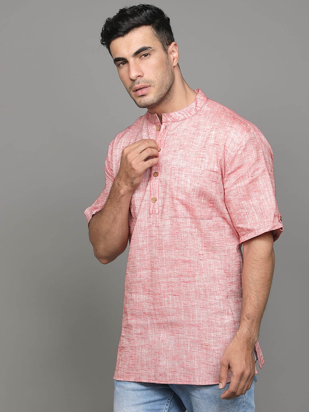 Mandarin Collar Woven Design Straight Pure Cotton Short Kurta