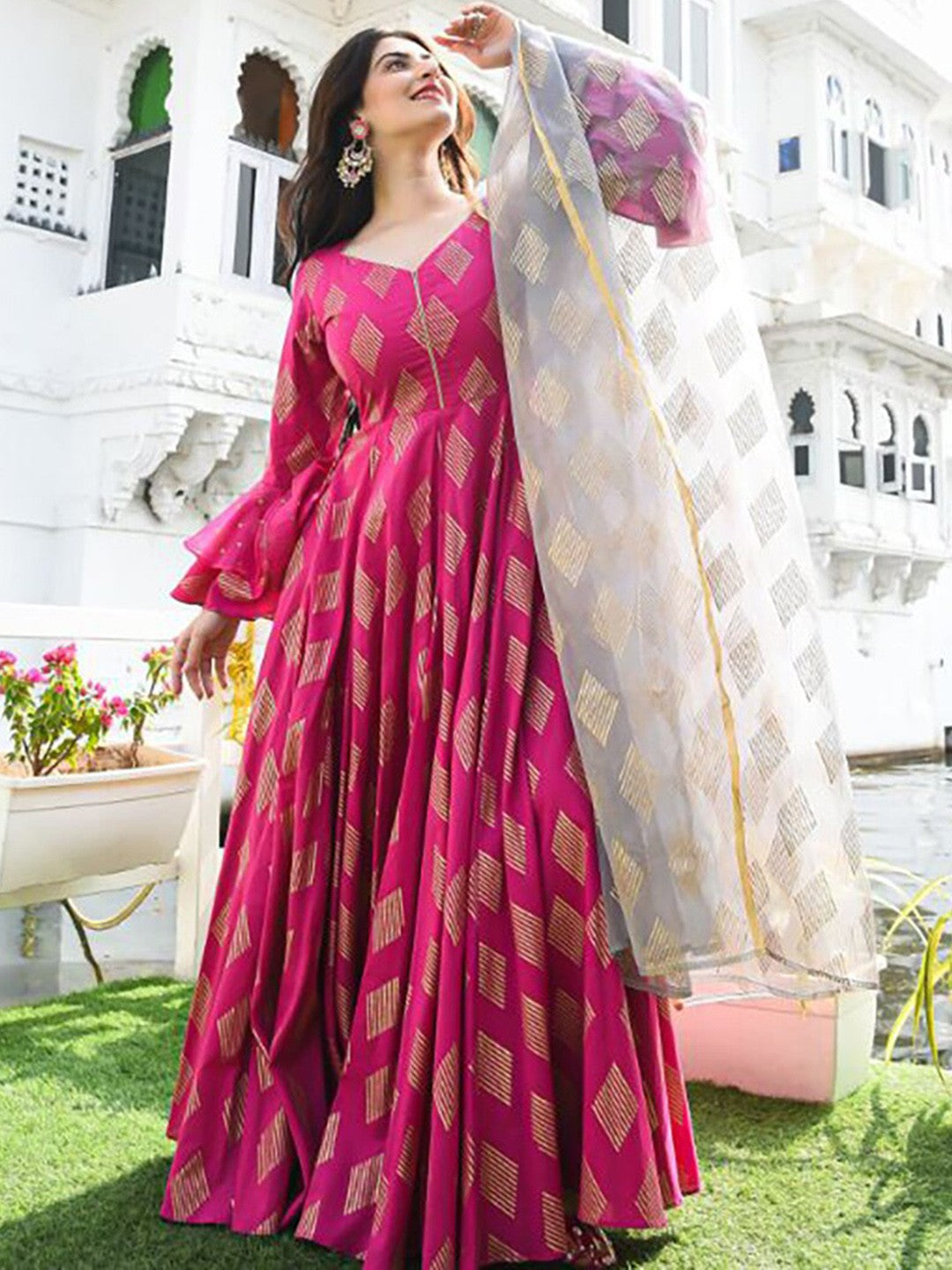 Geometric Printed Bell Sleeves V-neck Maxi Ethnic Dress with Dupatta