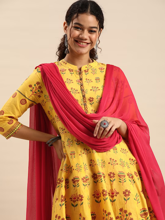Women Yellow Pure Cotton Printed Kurta with Palazzos & Dupatta