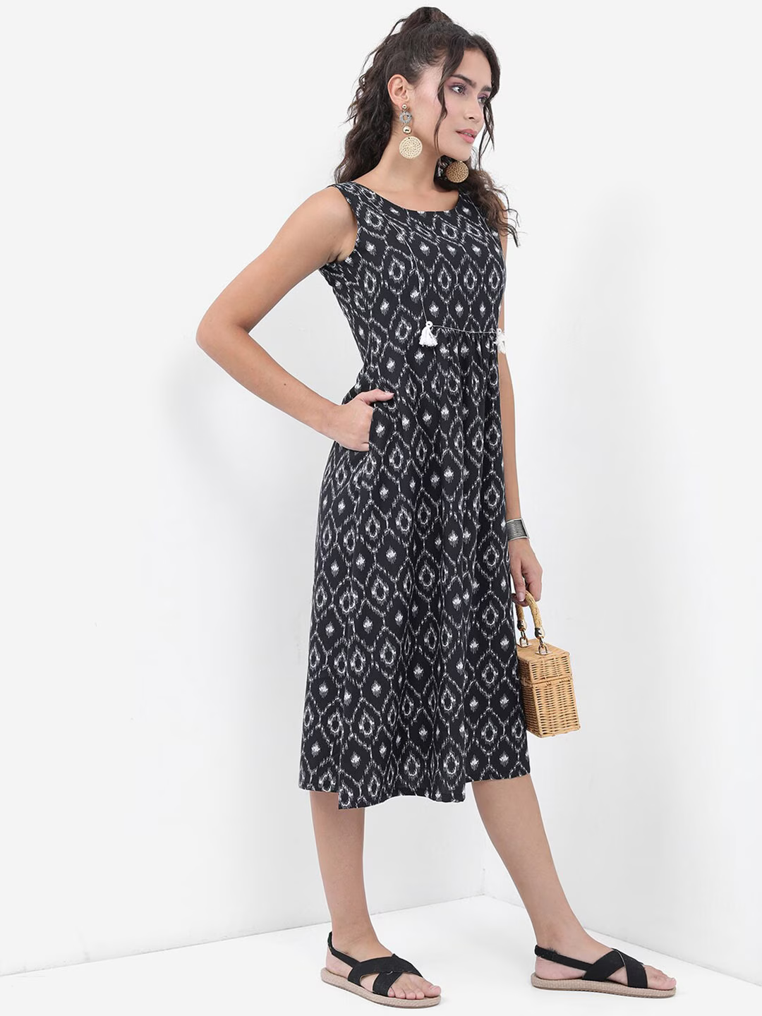 Black Ethnic Motif Printed A-Line Midi Dress