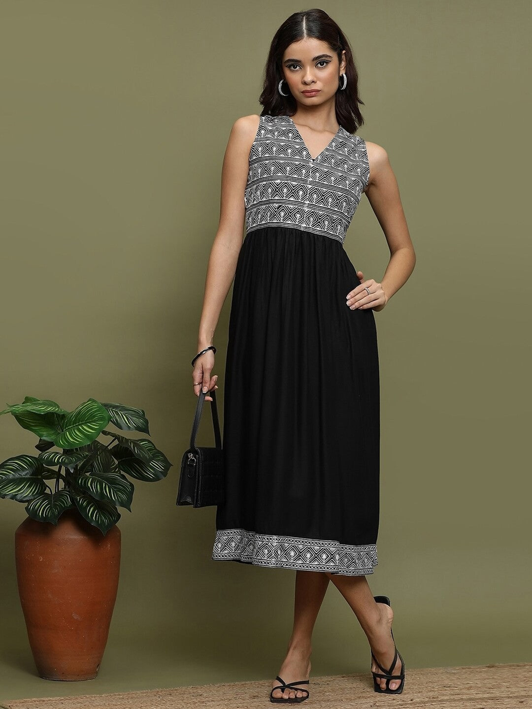 Black Geometric Embroidered A-Line Midi Dress