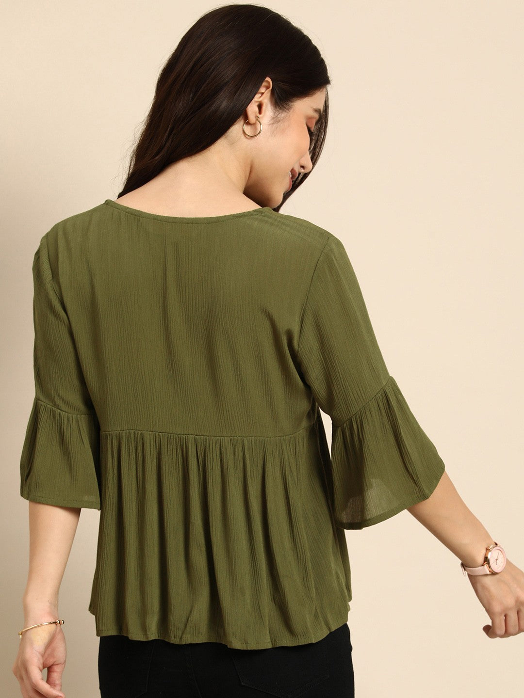 Solid Bell Sleeve V-Neck A-Line Top
