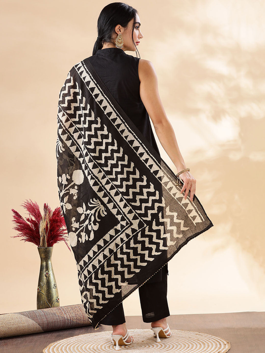Mandarin Collar Pure Cotton A-Line Kurta With Palazzos & Dupatta