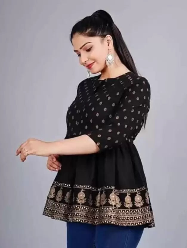 Casual Regular Sleeves Printed Women BlackTop