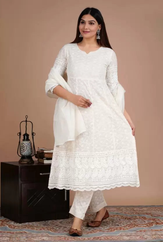 Women White Kurta Set With Dupatta Pure Cotton