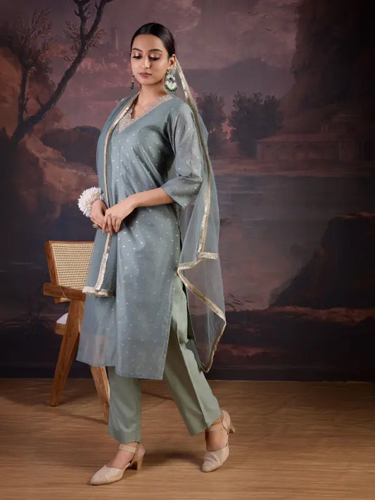 Women Chanderi Kurta Pant Dupatta Set