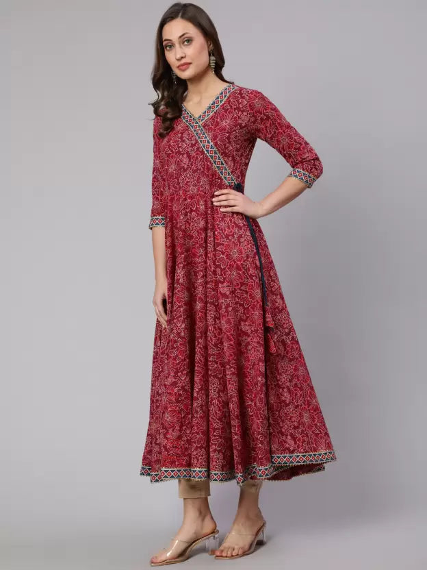 Women Printed Pure Cotton Flared Kurta (Maroon)