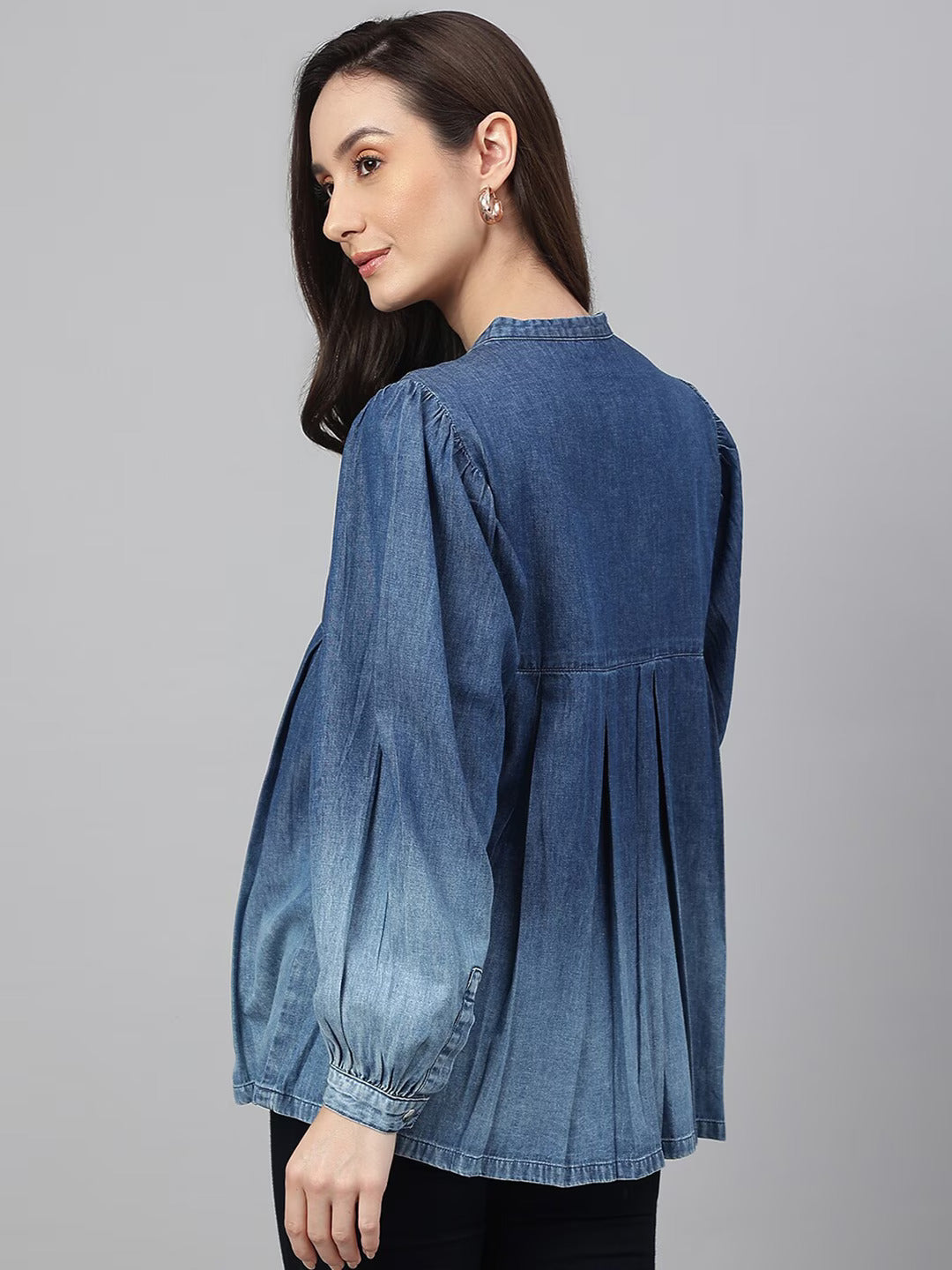 Women's Blue Denim Faded Flared Top